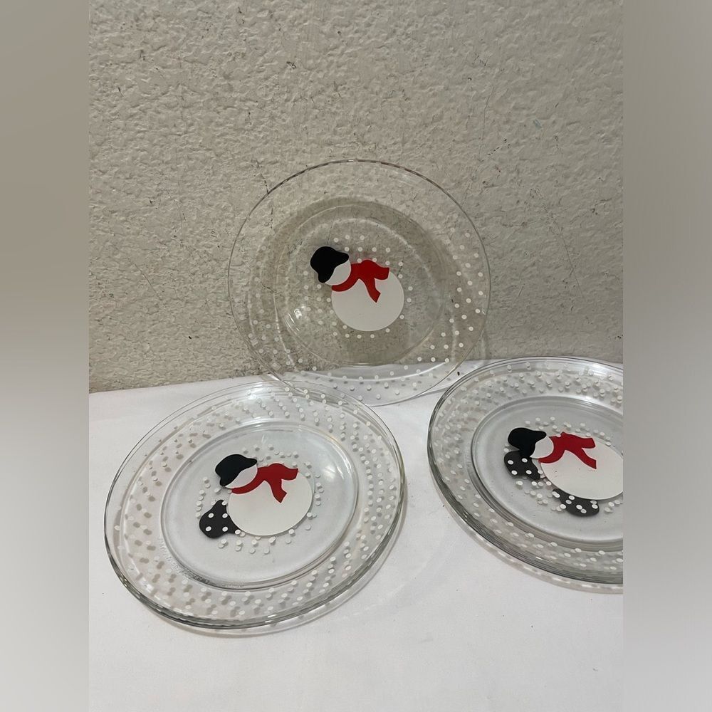 Set of 6 VGC ARCOROC made in France Glass Snowman Salad Dessert Plate 8” G19